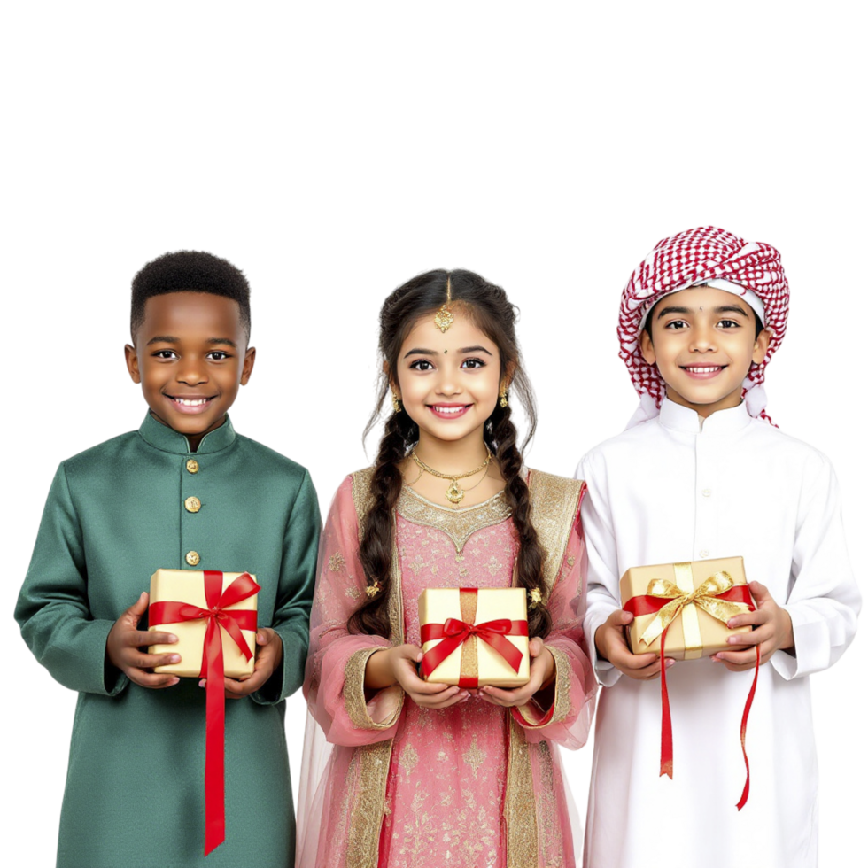 Three children in arabic clothing holding gift boxes png
