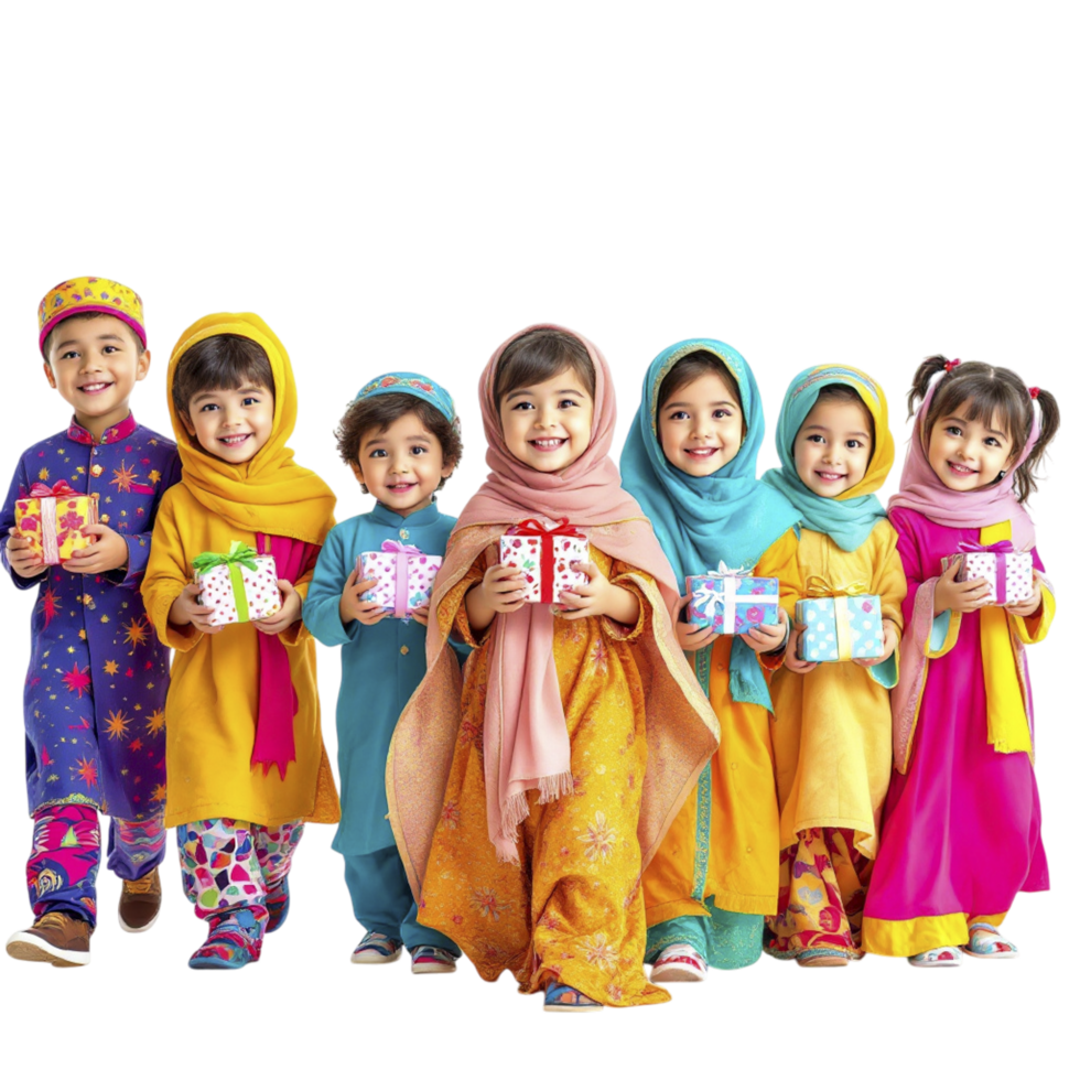 A group of children in colorful clothing holding presents png