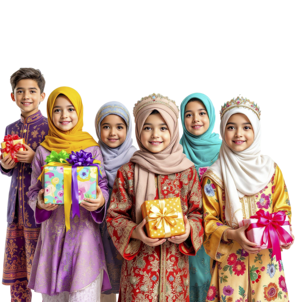 Muslim children in colorful clothes holding gifts png
