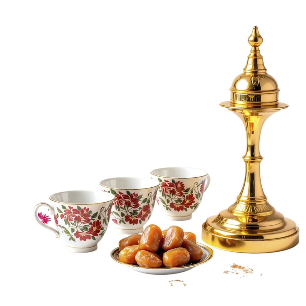 Golden cup and saucer with dates png