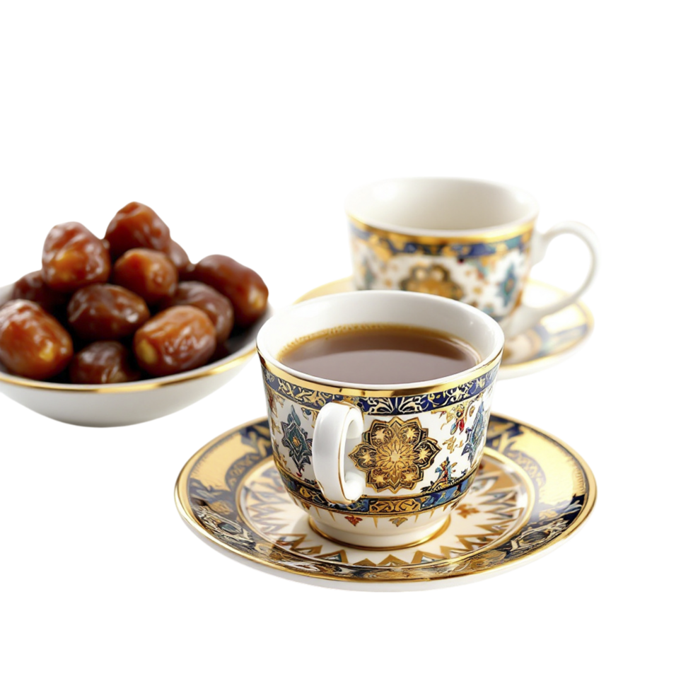 A cup of coffee and a bowl of dates png