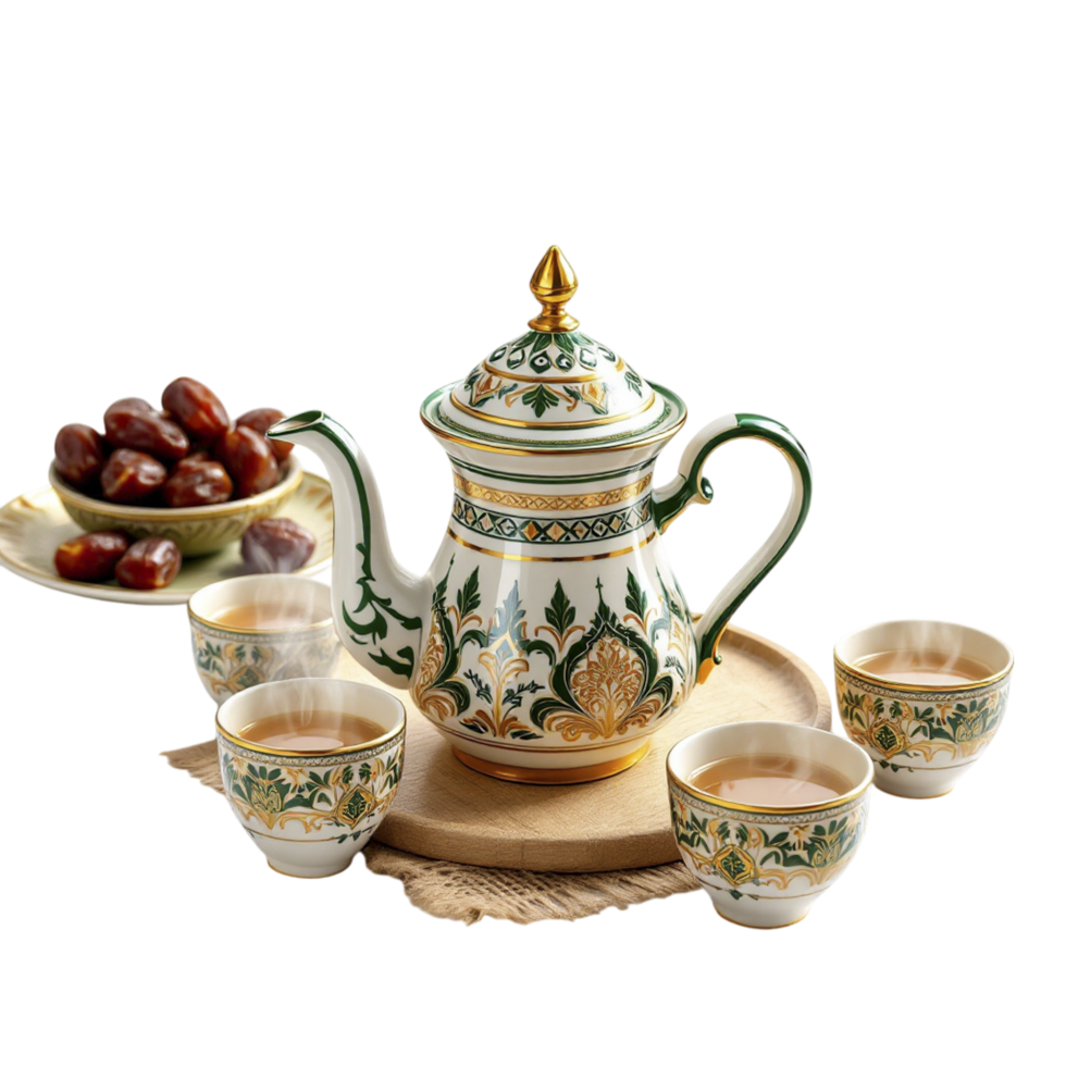 A tea pot and cups with dates on a tray png