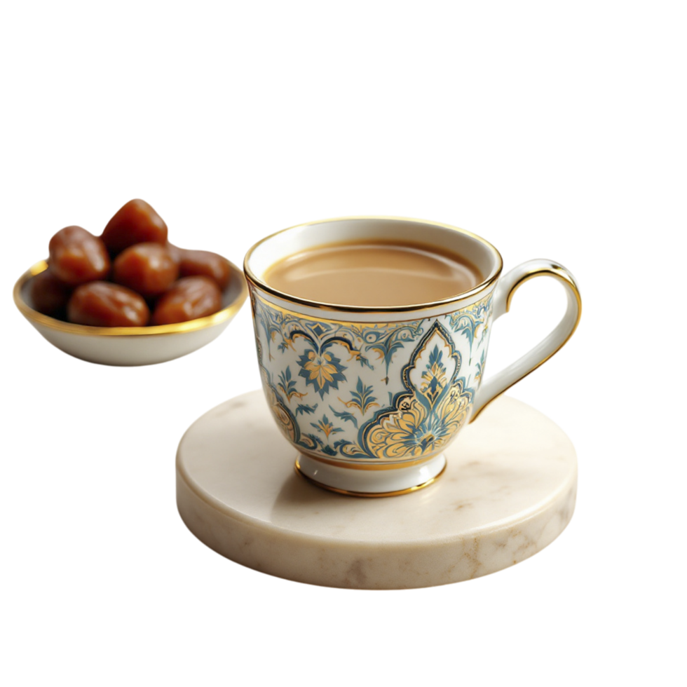 A cup of coffee and dates on a marble plate png