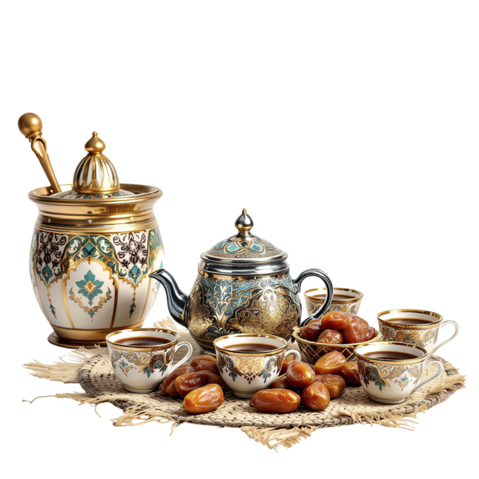 A tea pot, cups and saucers are on a table png