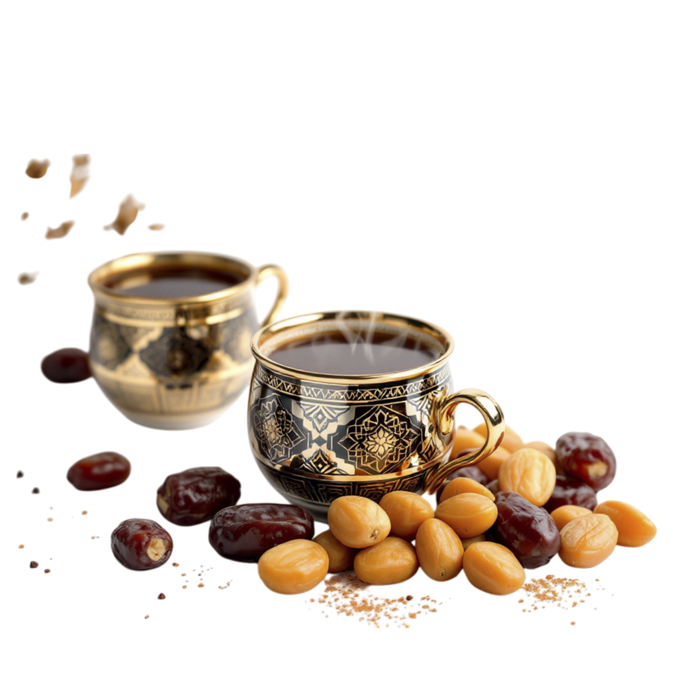 Two cups of coffee and dates on a black background png