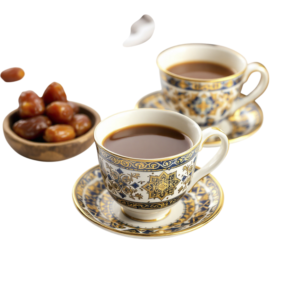 Two cups of coffee and dates on a saucer png