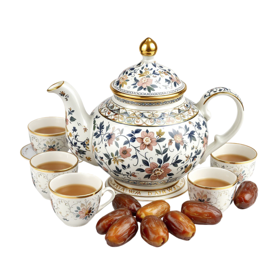 A tea pot and cups with dates on a black background png