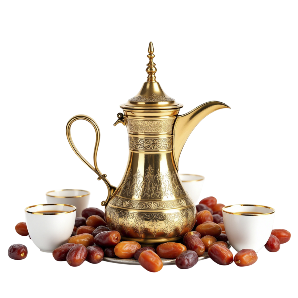 Arabic coffee pot and dates on a black background png