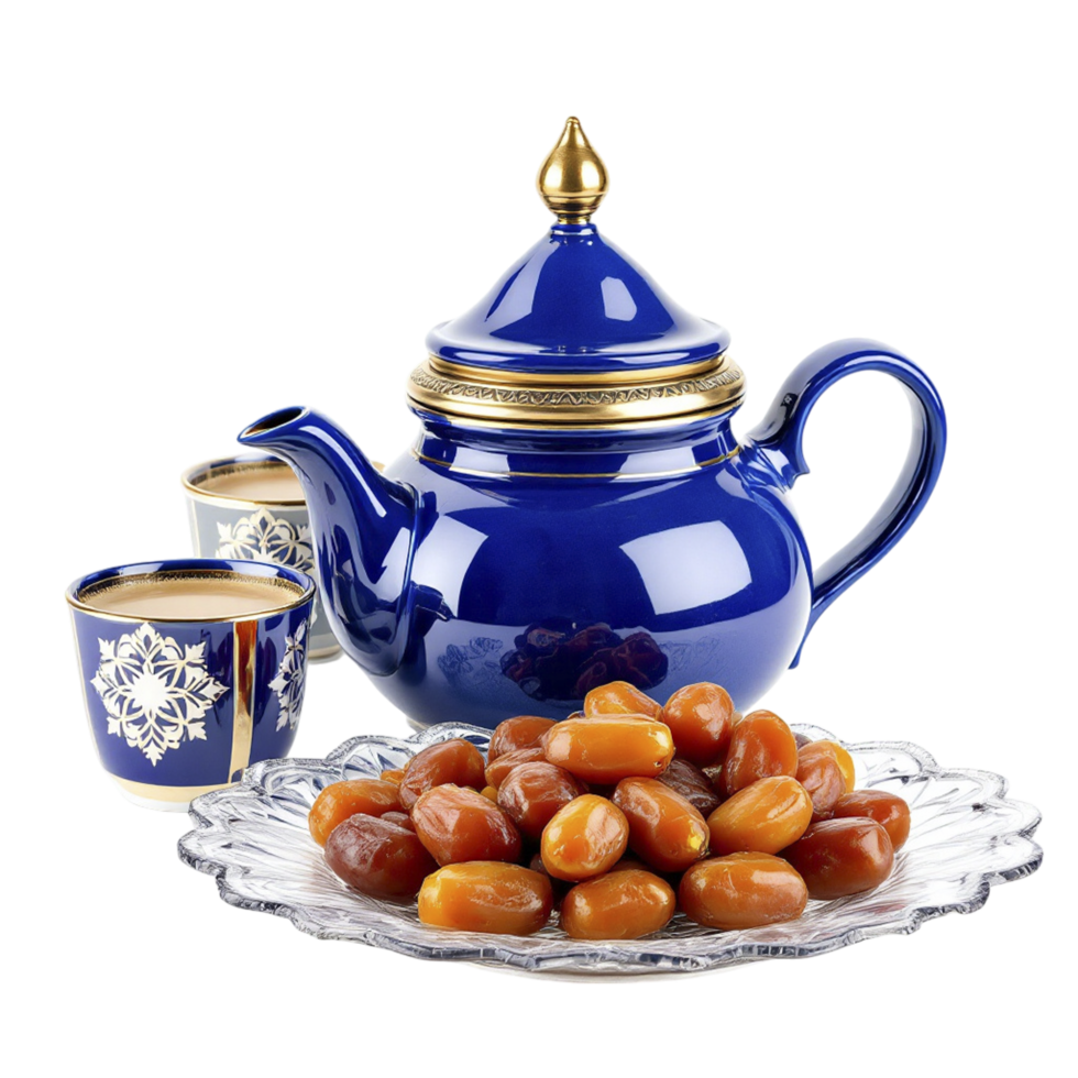 A blue teapot and two cups of dates png