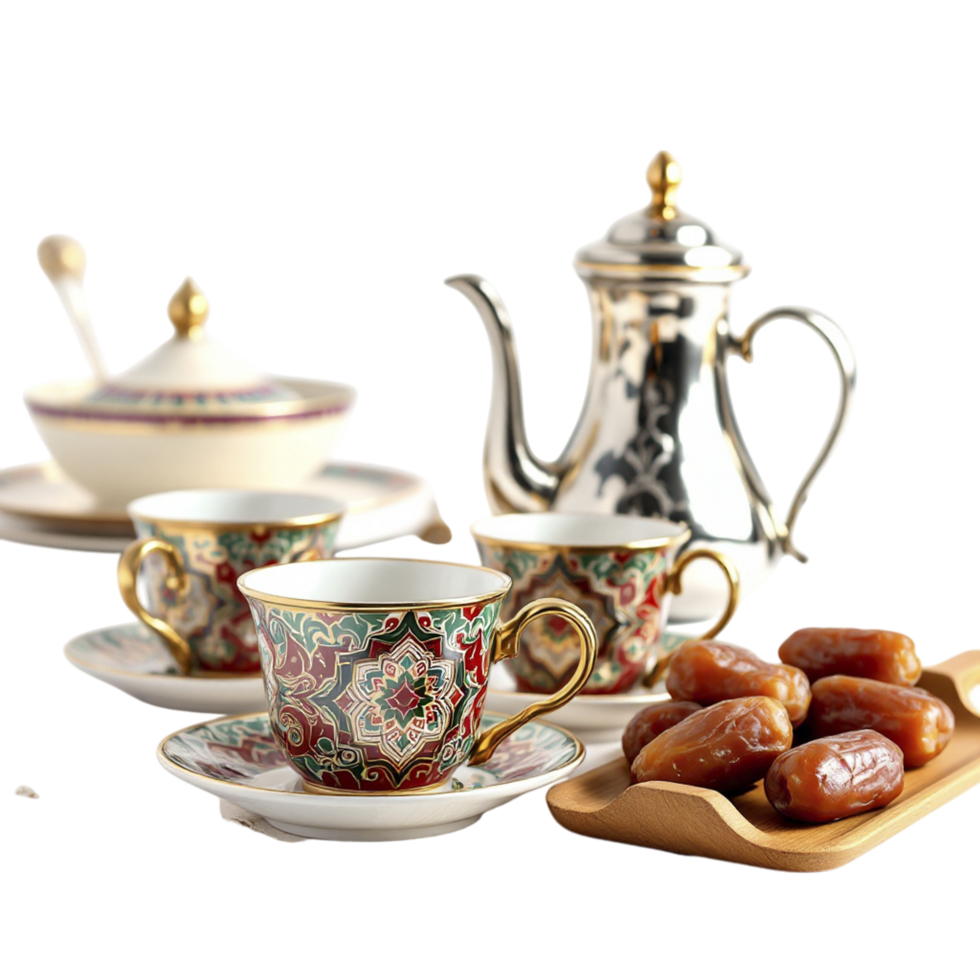 A set of coffee cups and saucers with dates png
