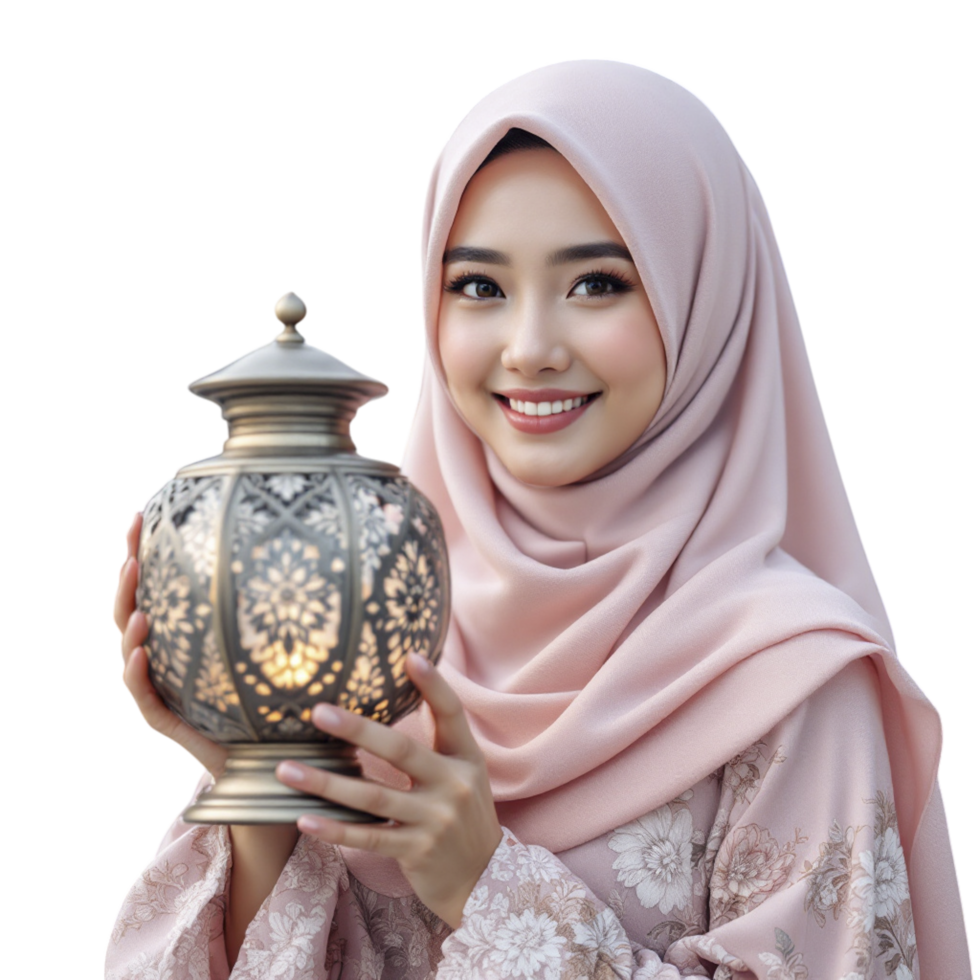 Beautiful muslim woman holding a lantern png