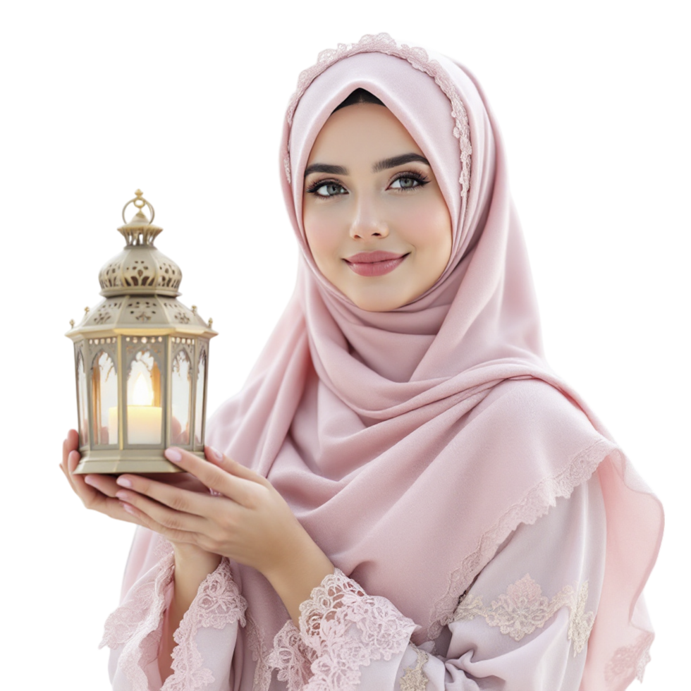 Beautiful muslim woman in pink hijab holding a lantern png