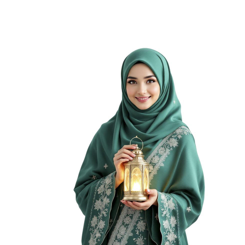 Muslim woman in green hijab holding a lantern png