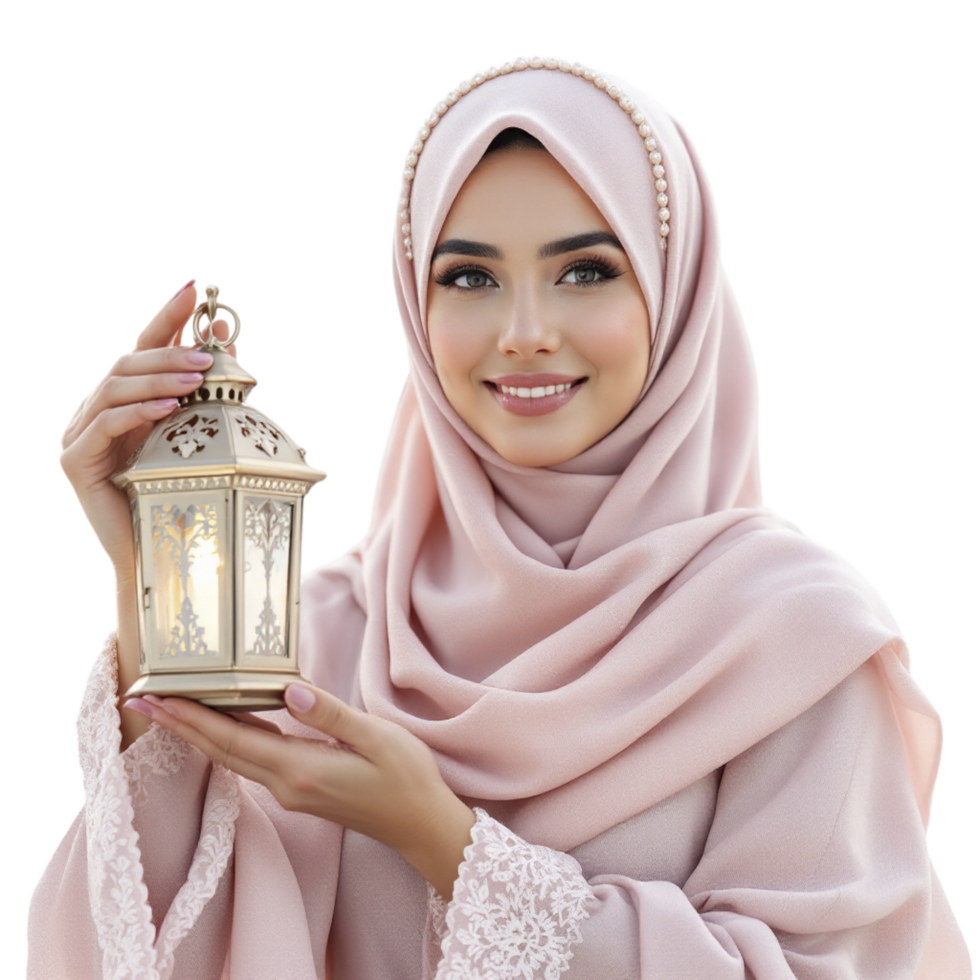 Beautiful muslim woman holding a lantern png