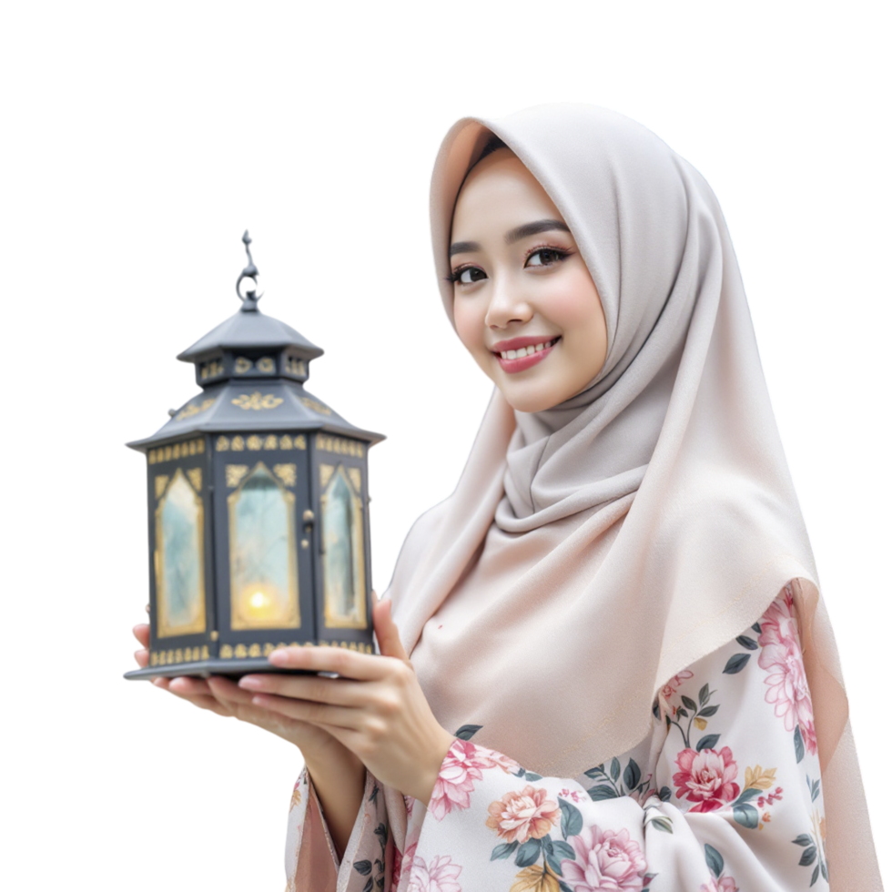 Beautiful muslim woman holding a lantern png