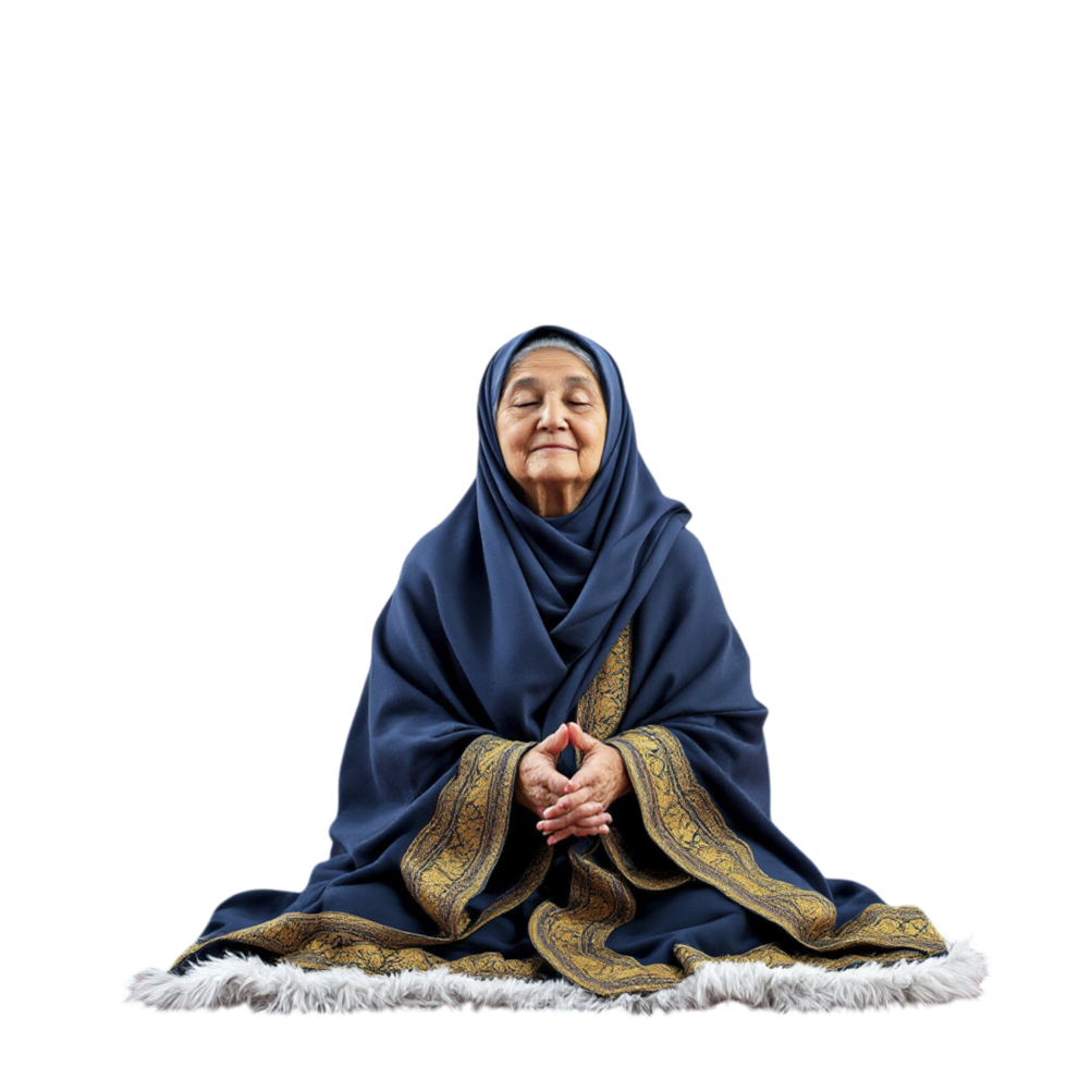 An elderly woman in a blue shawl sitting on the ground png