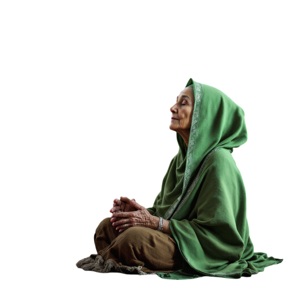An old woman in a green shawl sitting on the ground png