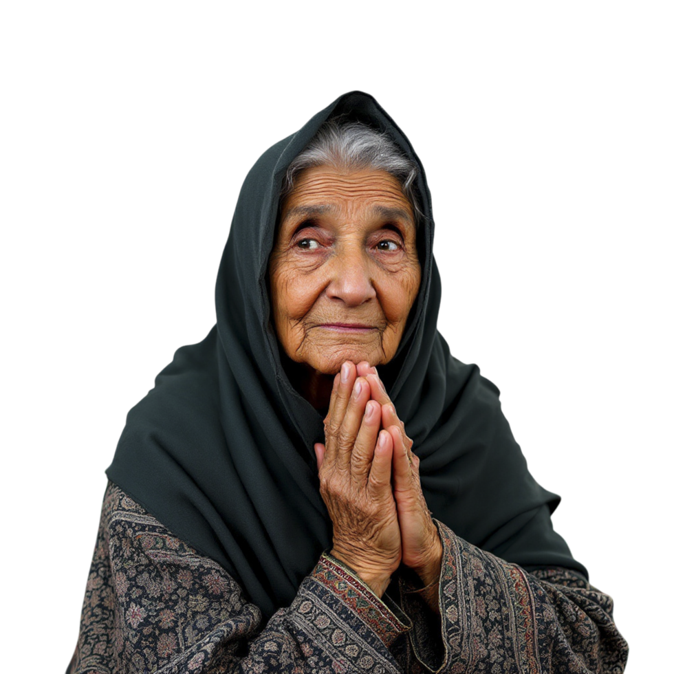 An old woman in a black shawl is praying png