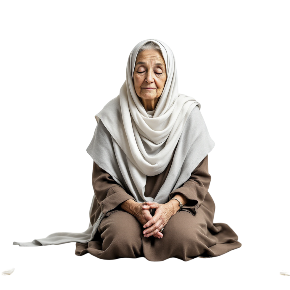 An elderly woman in a hijab sitting on the floor png