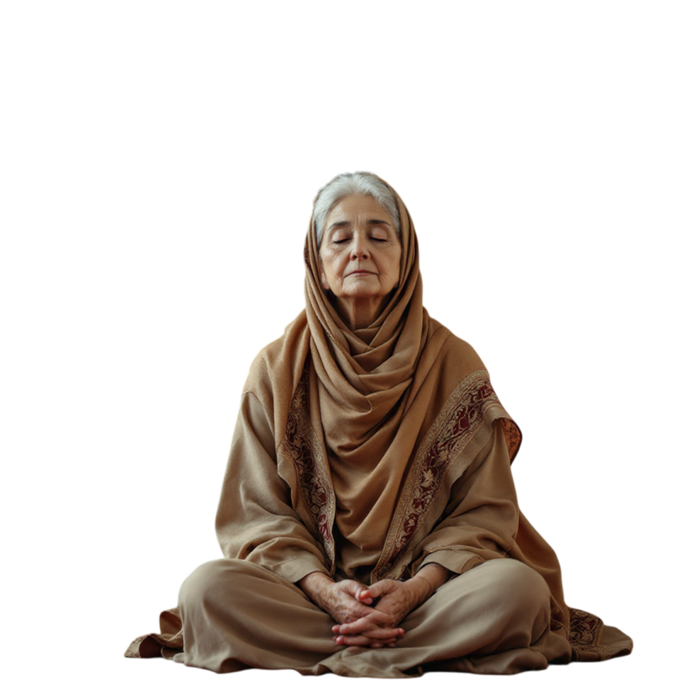 An elderly woman in a brown shawl sitting in a lotus position png