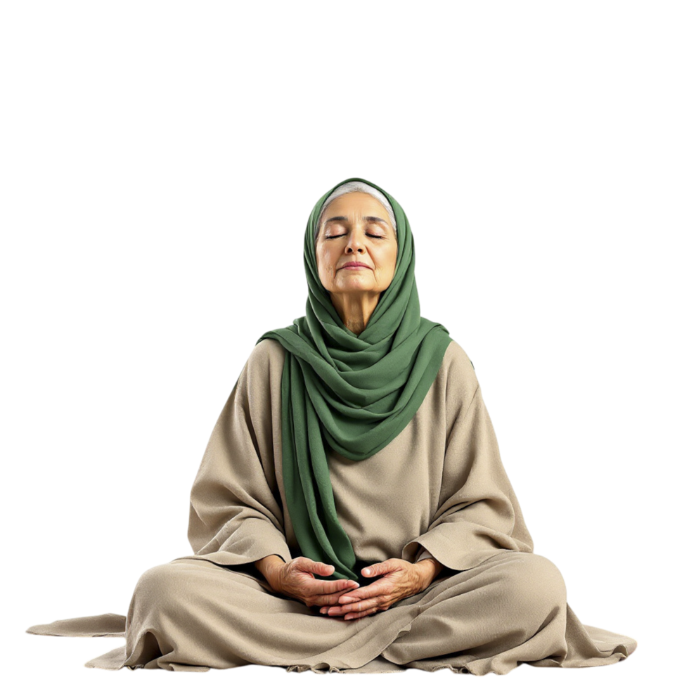 An elderly woman in a hijab sitting in a lotus position png