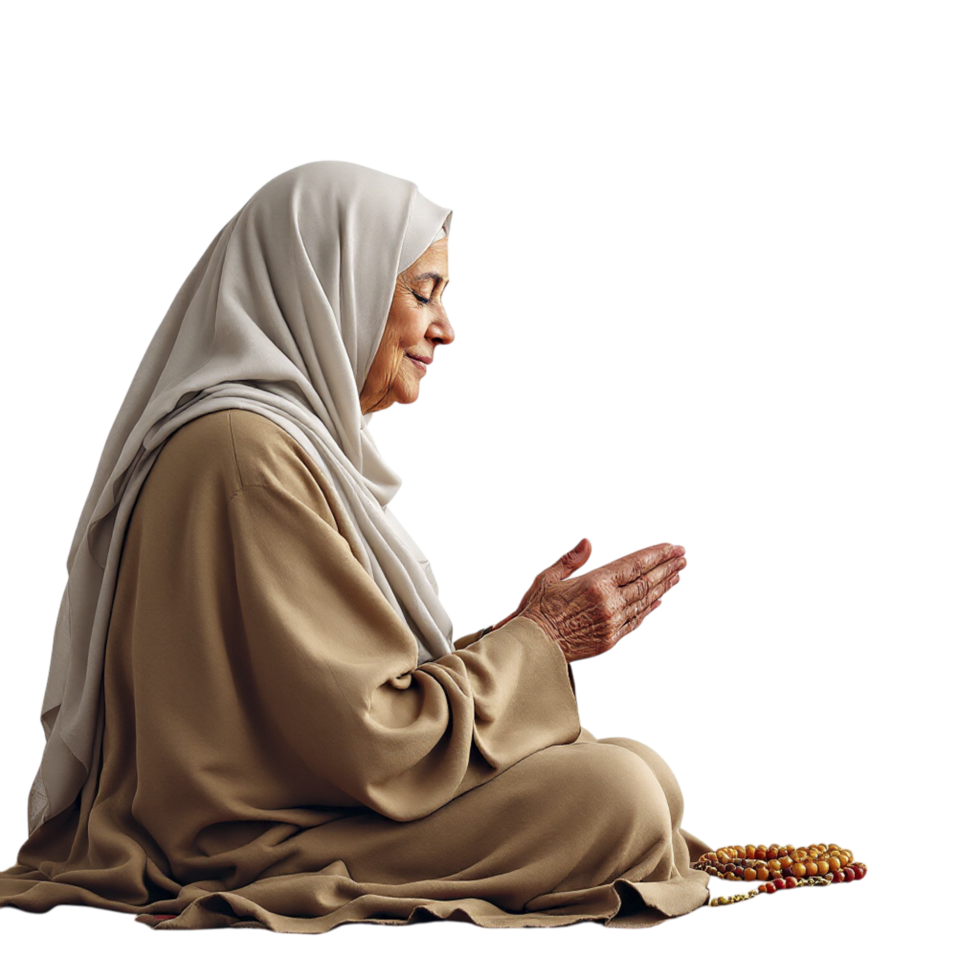 An elderly woman in a hijab is sitting on the floor png