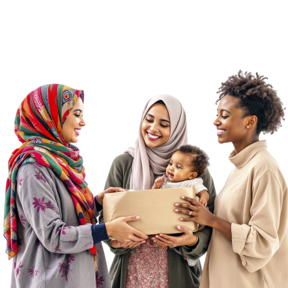 Three women in hijab holding a box png