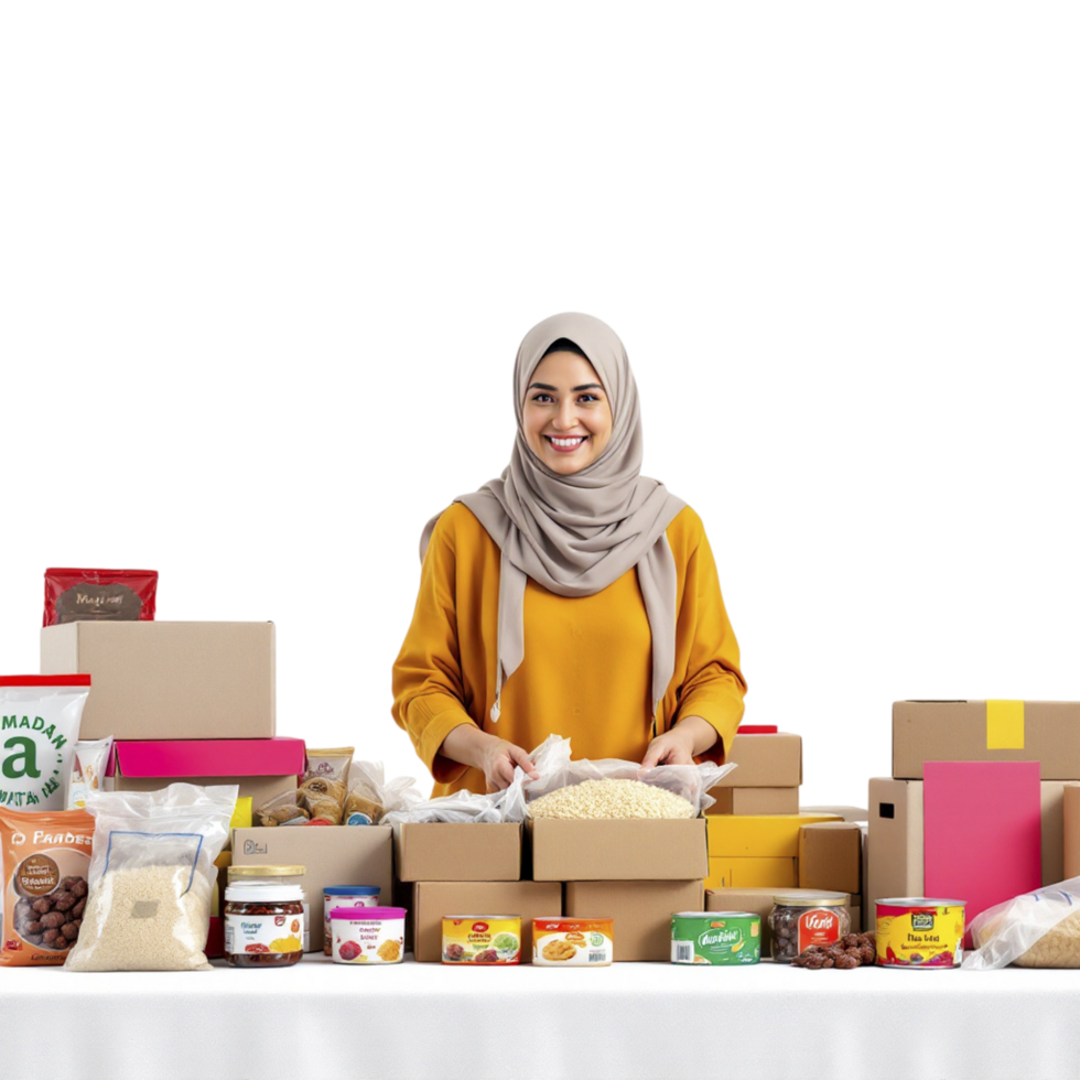 A woman in a hijab is standing behind a table with boxes of food png