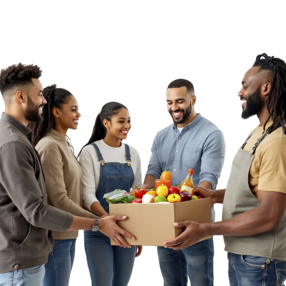 A group of people holding a box with food png
