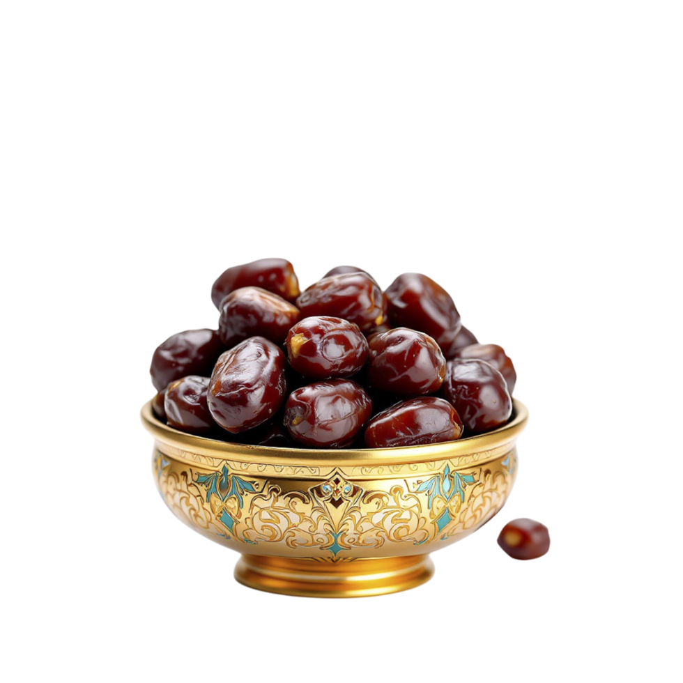 A golden bowl filled with dates on a black background png