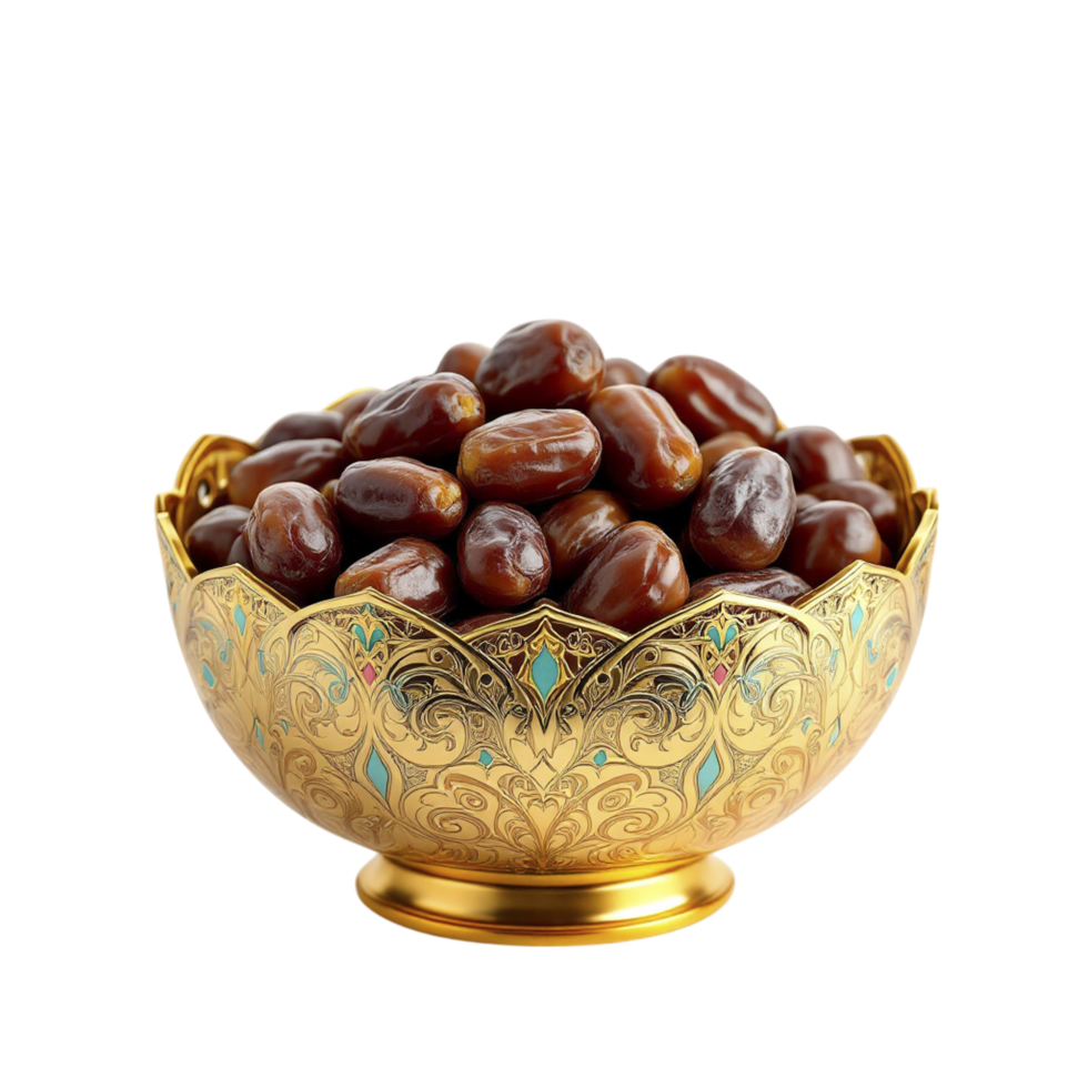 A golden bowl filled with dates on a black background png
