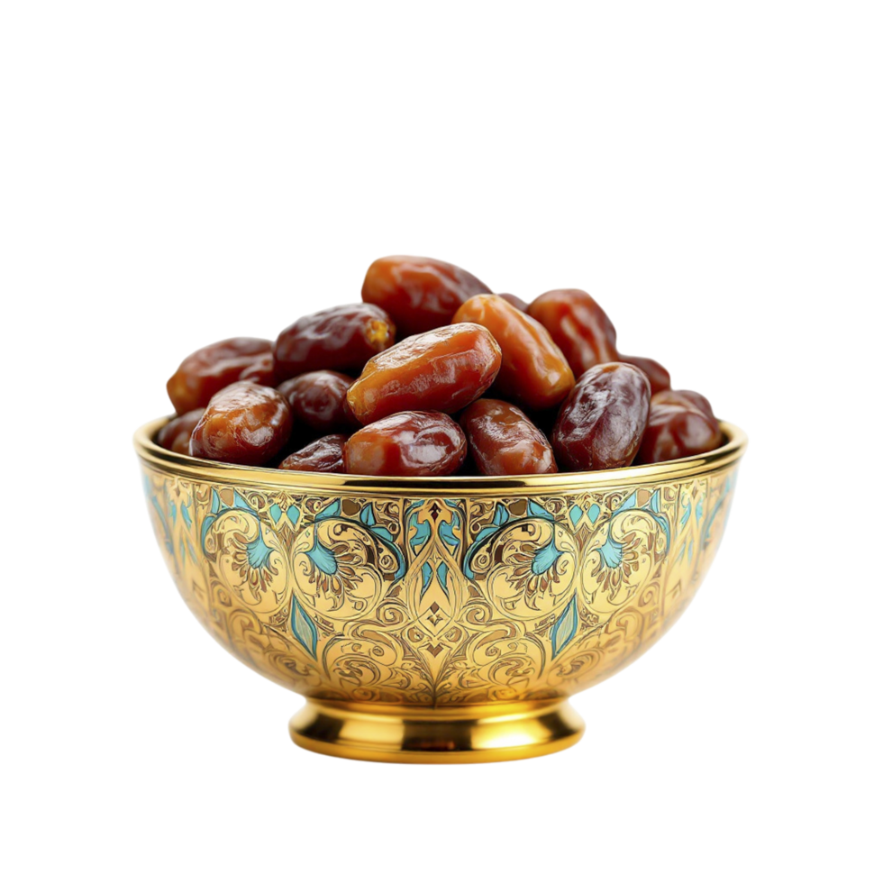 A golden bowl filled with dates on a black background png