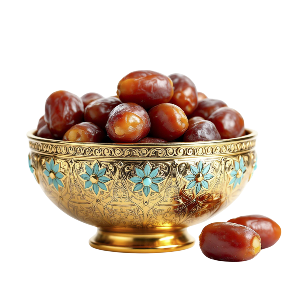 A golden bowl filled with dates on a black background png