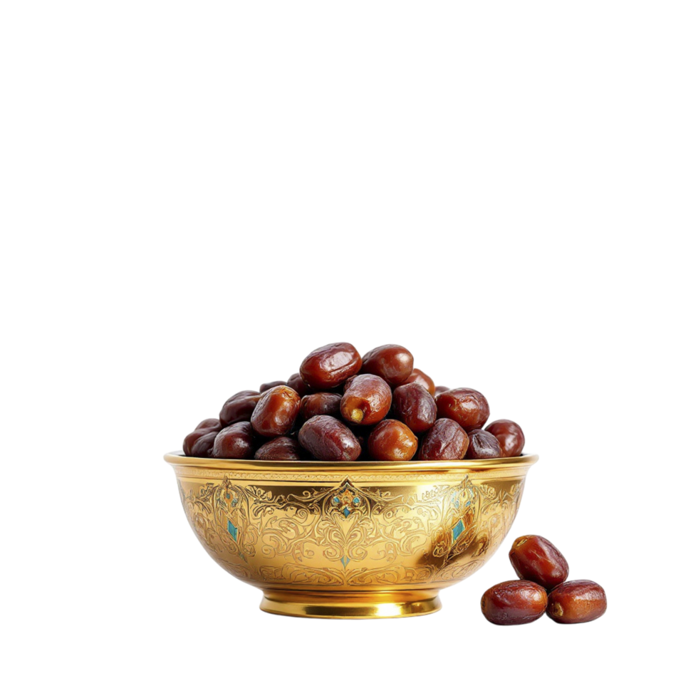 A golden bowl filled with dates on a black background png