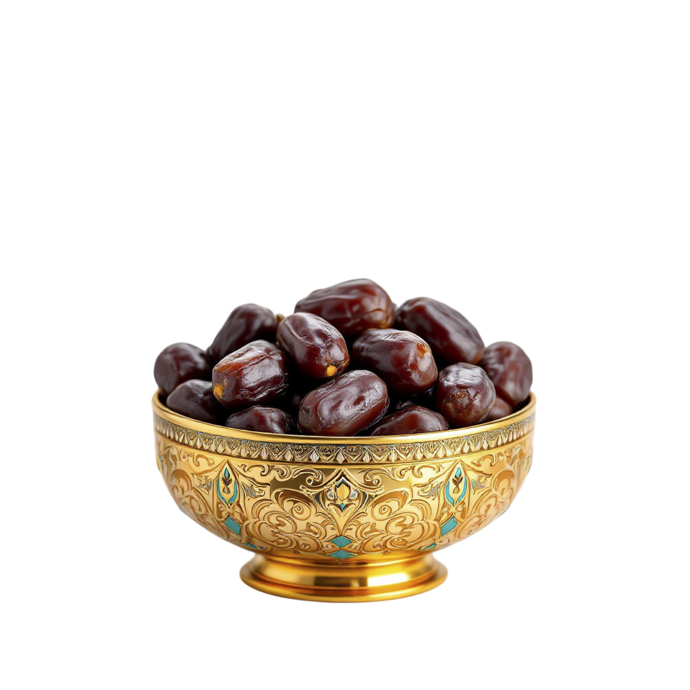 A golden bowl filled with dates on a black background png