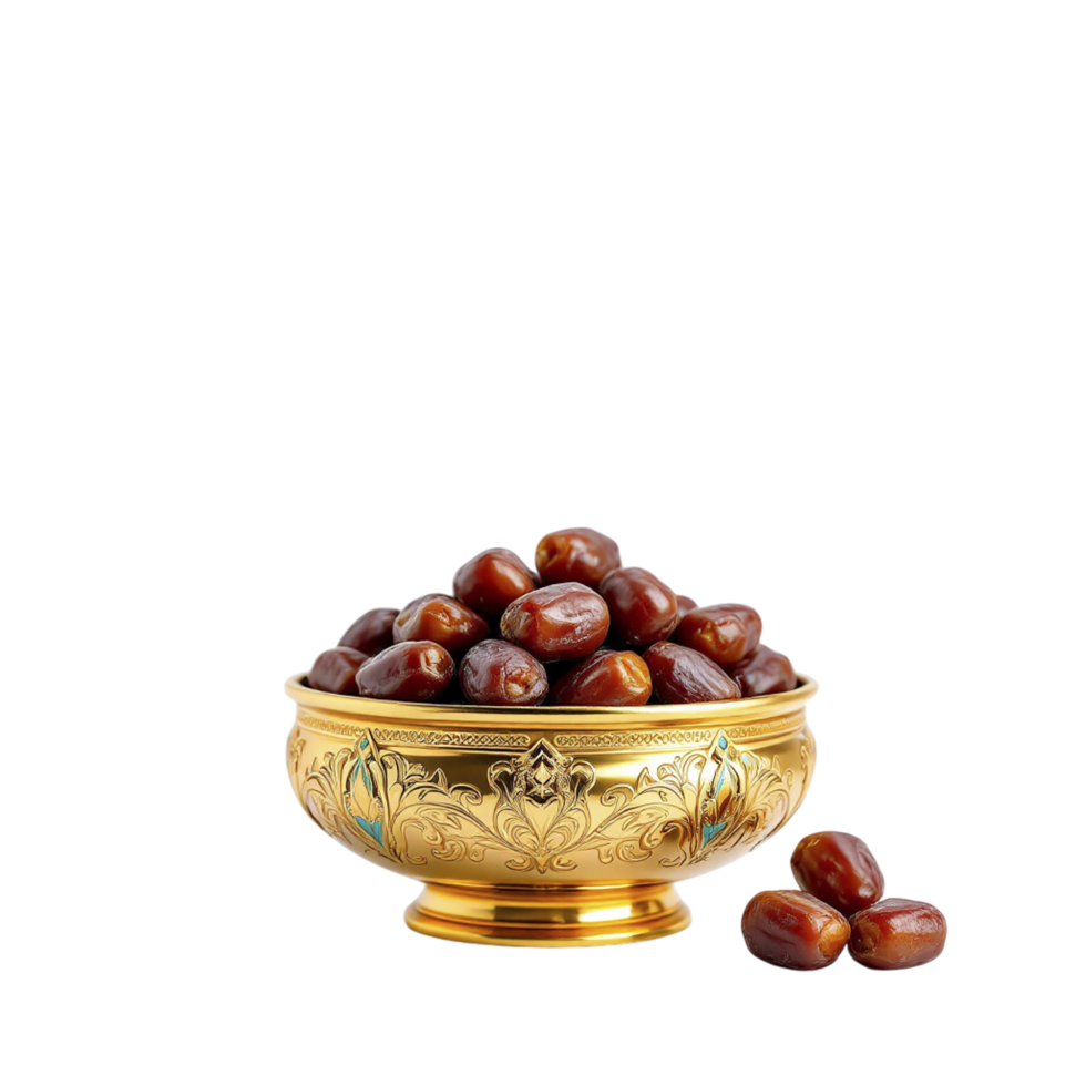 A golden bowl filled with dates on a black background png