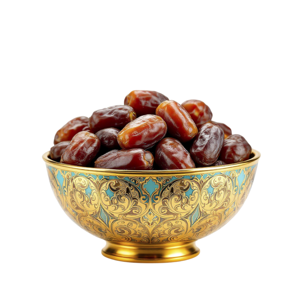 A golden bowl filled with dates on a black background png