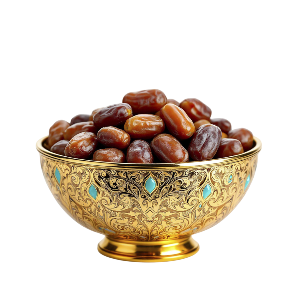 A golden bowl filled with dates on a black background png