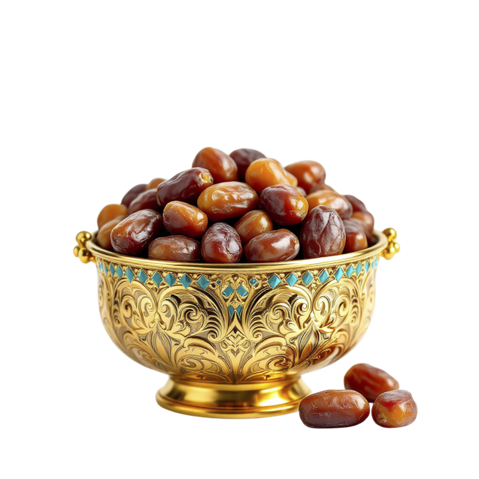 A golden bowl filled with dates on a black background png
