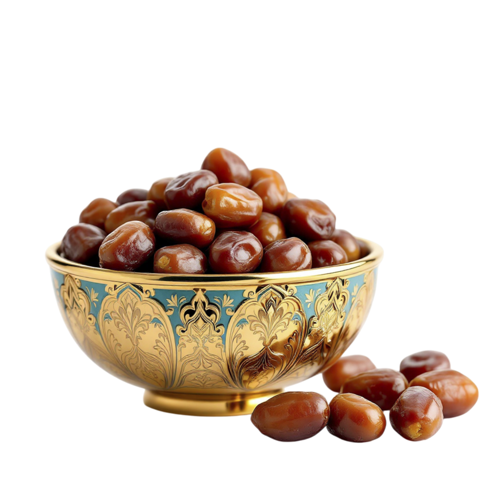Dates in a gold bowl on a black background png