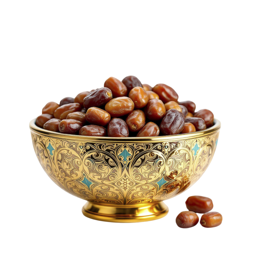 A golden bowl filled with dates on a black background png