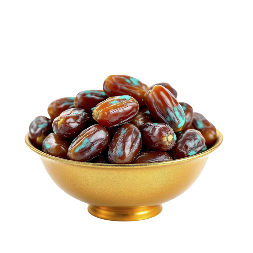 Dates in a gold bowl on a black background png