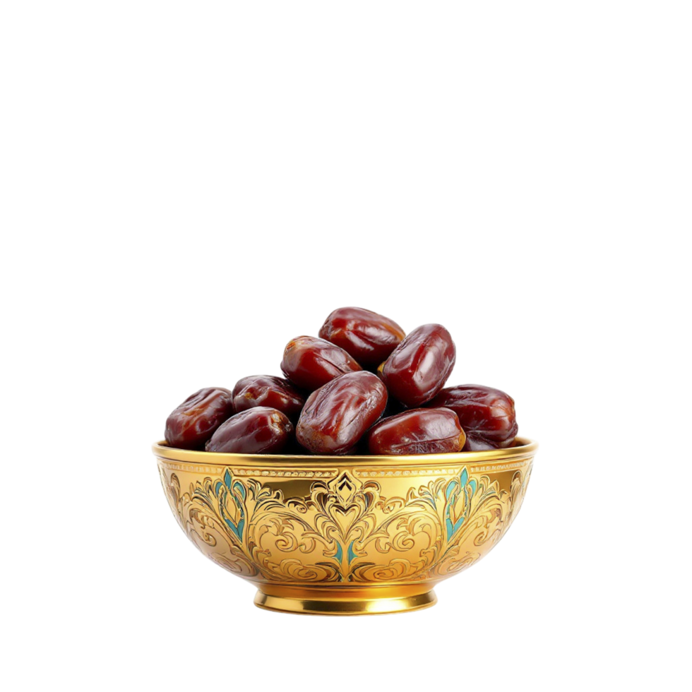 A golden bowl filled with dates on a black background png