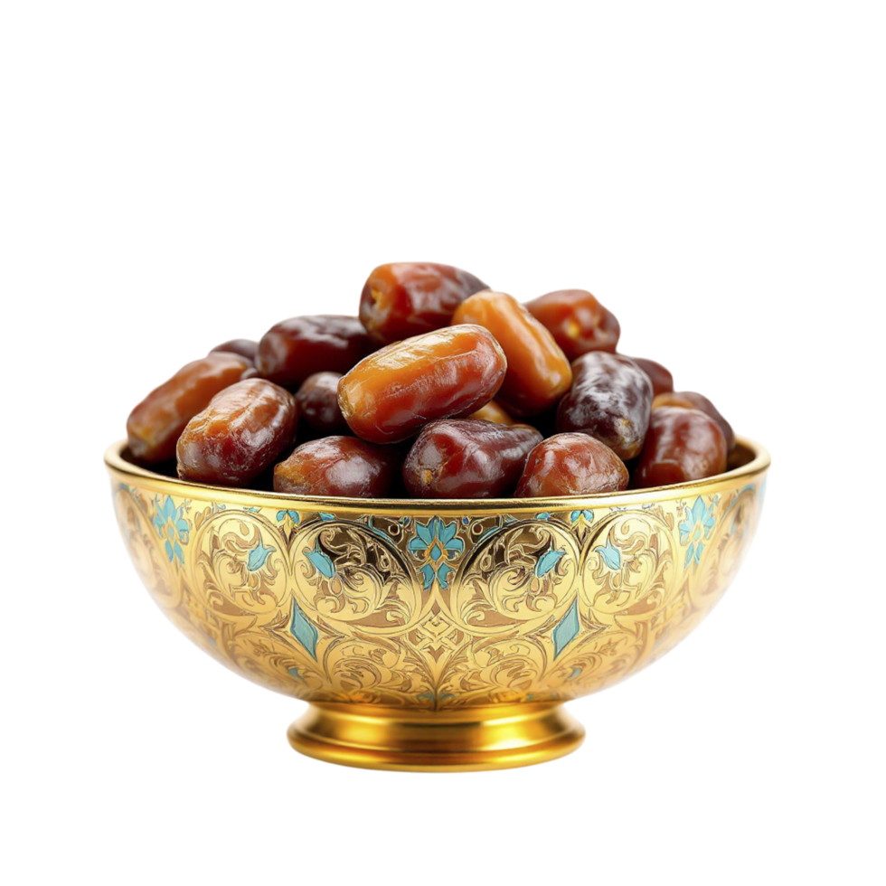 A golden bowl filled with dates on a black background png