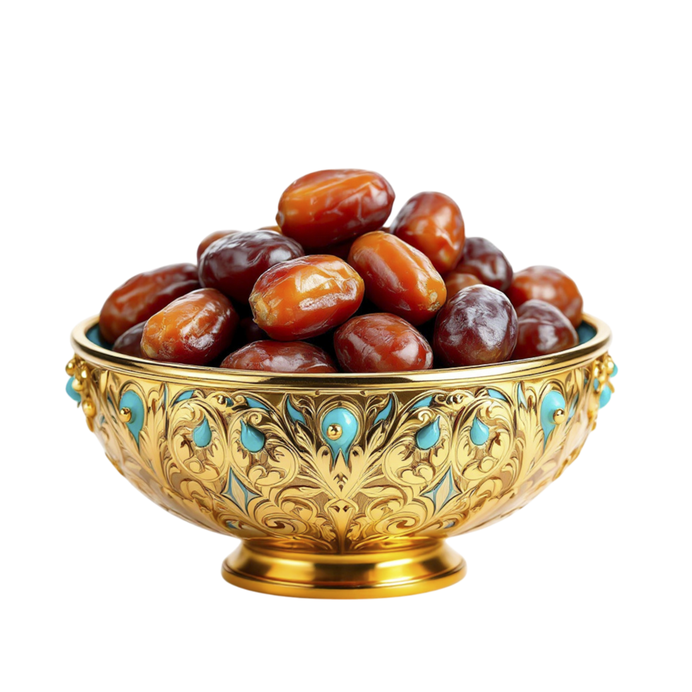 A golden bowl filled with dates on a black background png