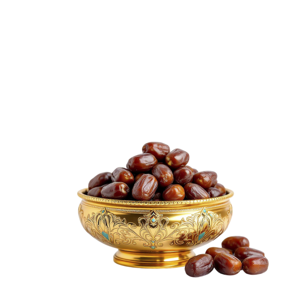 A golden bowl filled with dates on a black background png