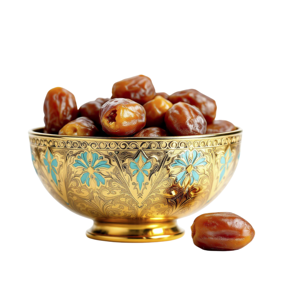 A golden bowl filled with dates on a black background png