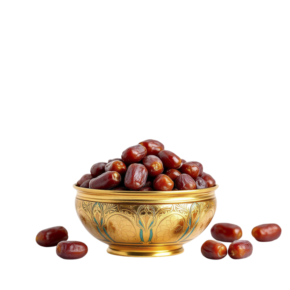 A golden bowl filled with dates on a black background png