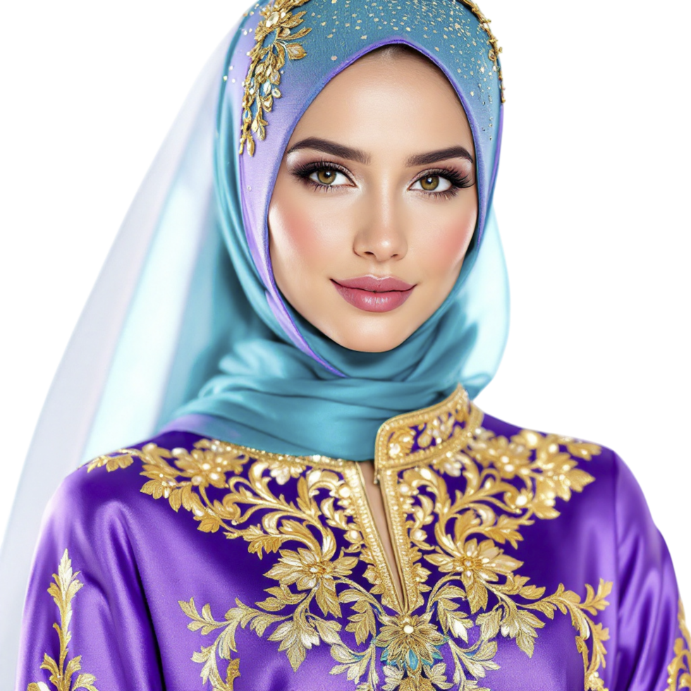 A beautiful woman in a purple and gold hijab png