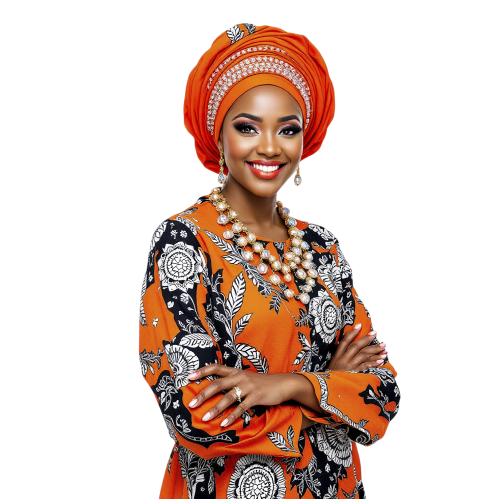 A beautiful african woman in an orange and black dress png
